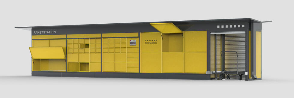 Neumaier parcel station for companies with special cpmpartment sizes, double-sided loading and central control station.